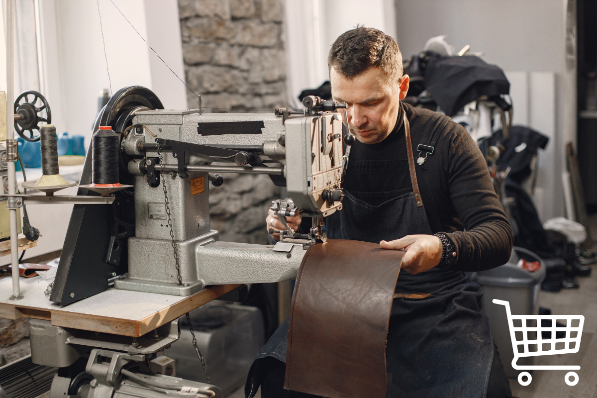 Man on Leather Sewing Machine